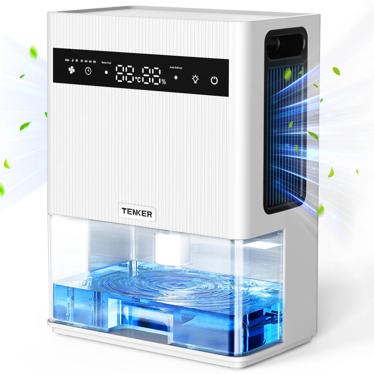 TENKER Dehumidifier for Home, 3L (106 oz) Dehumidifier with Digital Temperature & Humidity Display, Sleep Mode, Timer, Auto-Off, Auto Defrost, 7-Color