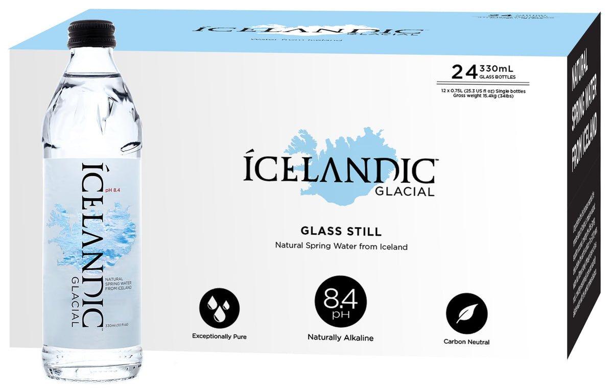 Icelandic Glacial Premium Still Water 330ml Glass Bottles x 24 Per Pack ? Alkaline/Low PH, Recycled Packaging, BPA Free, Carbon Neutral from Icelandic