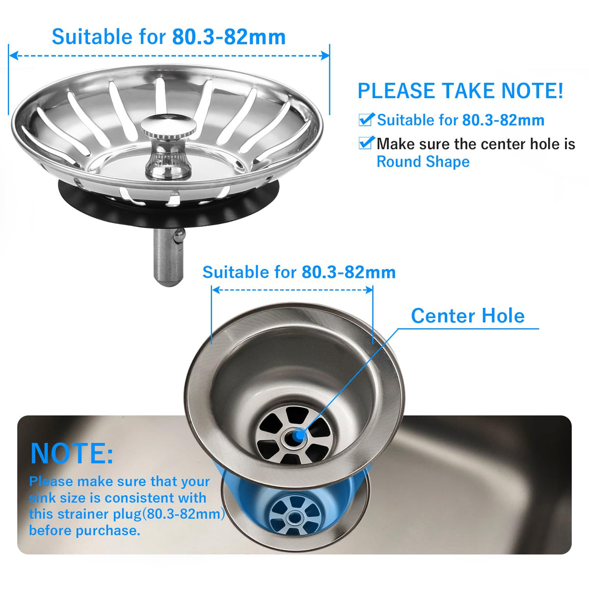 Upgraded Kitchen Sink Plug Strainer Stainless Steel Strainers Sink Plugs Replacement Drain Stopper for Food/Hair Catcher