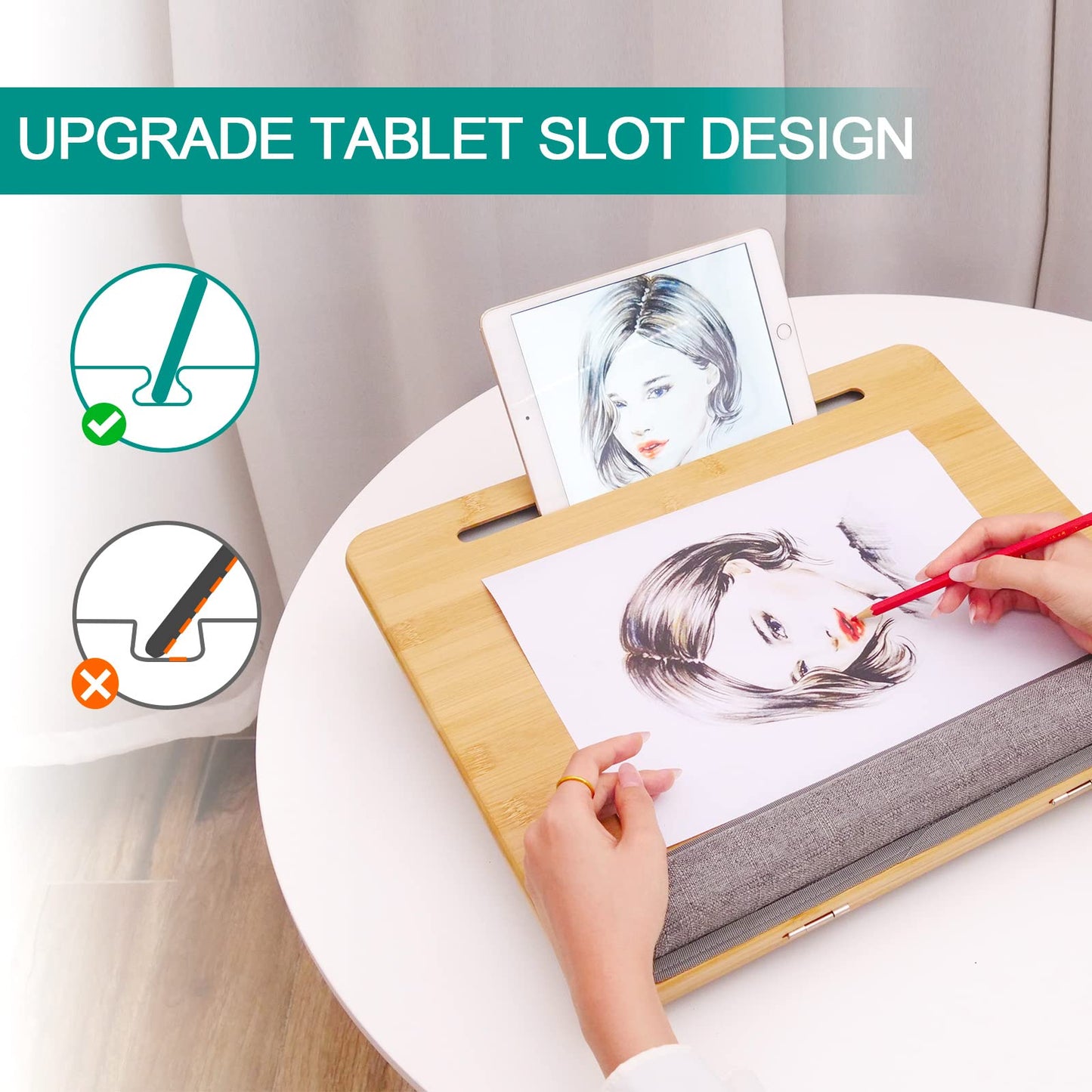 Lap desk,Bamboo Laptop Tray - Ergonomic Design with Cushion. Adjustable Tilt Angle and Height, with Tablet Phone Holder,for Comfortable Work Anywhere