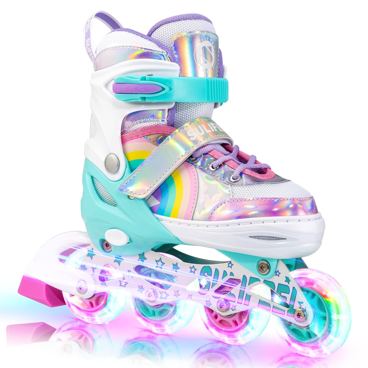 SULIFEEL Rainbow Unicorn Adjustable Light up Inline Skates for Kids Girls and Boys Beginner Skates with Illuminating Wheels,Large