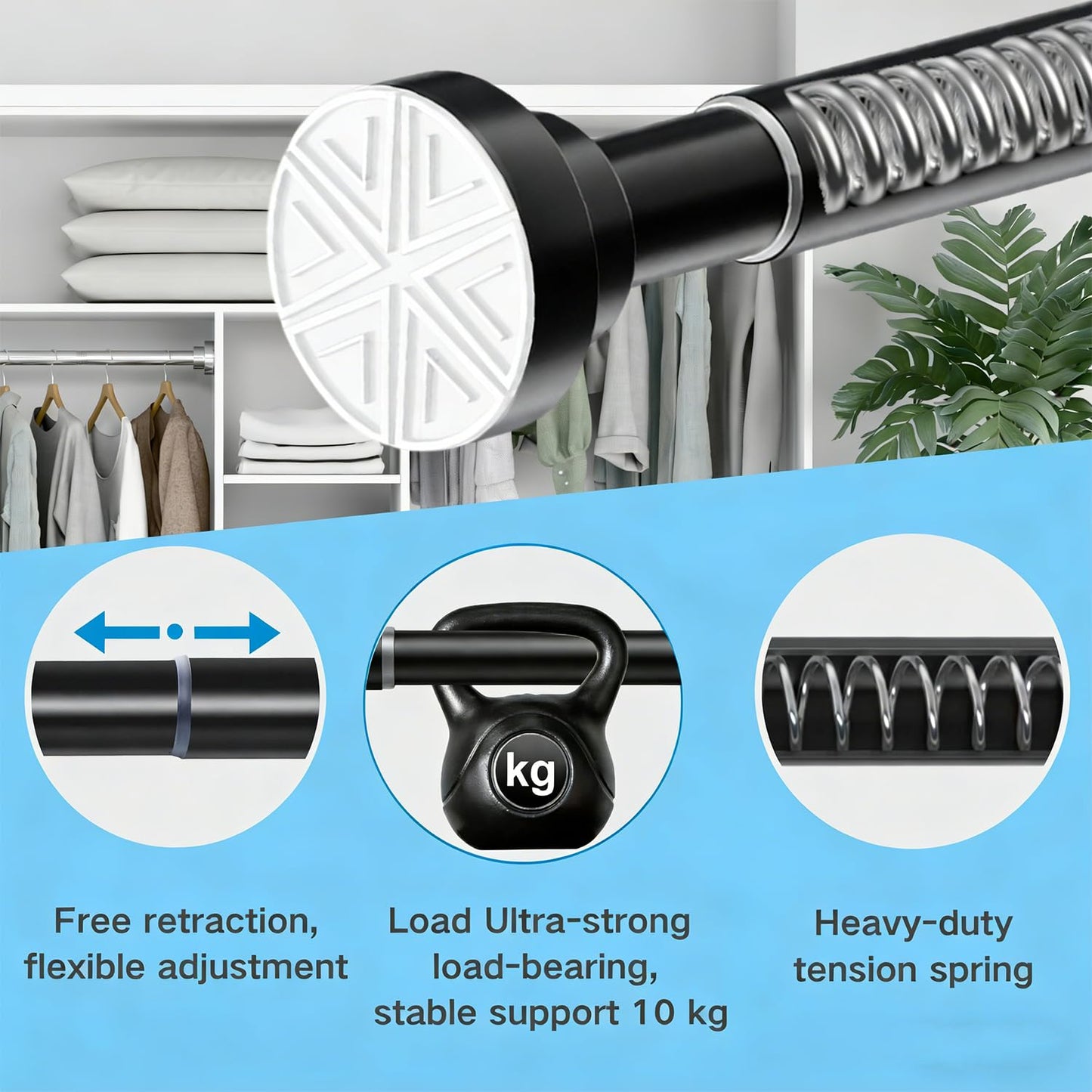 Tension Rod Curtain Poles No Drilling Shower Curtain Rail Extendable Stainless Steel Shower Curtain Pole No Drill Curtain Pole for Bathroom, Window