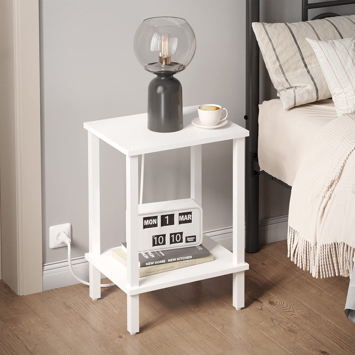 TUTOTAK Side Table, Bedside Table, Night stand, 2-Tier Storage Shelf, End Table for Small Space, Living Room, Bed Room, White TB01BW034EU