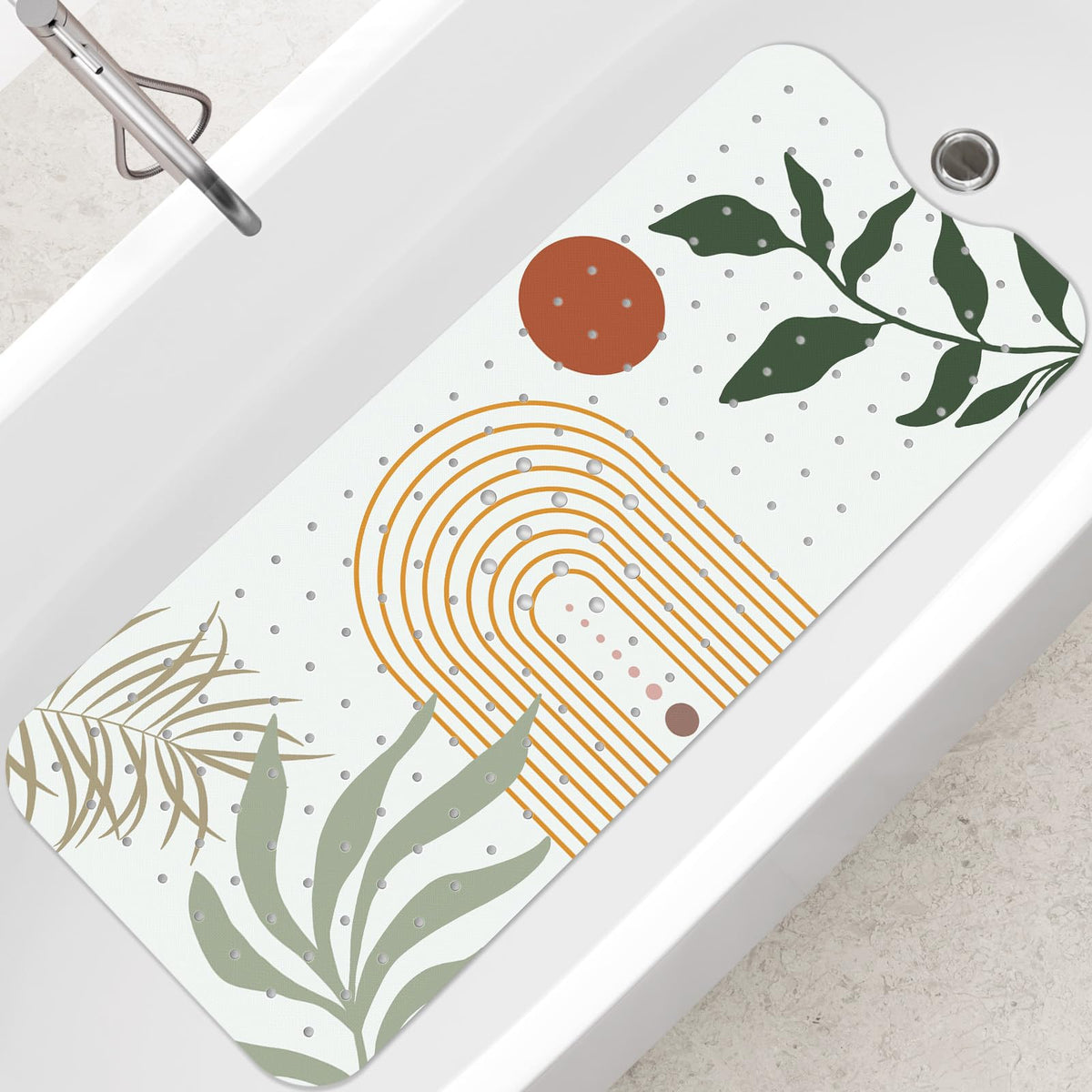SHUCHING Boho Bath Mat for Tub Non Slip-100 X 40 cm Extra Long Bathtub Mat Anti Mold, Bohemia Anti Slip Shower Mat with Suction Cups & Drain Holes for