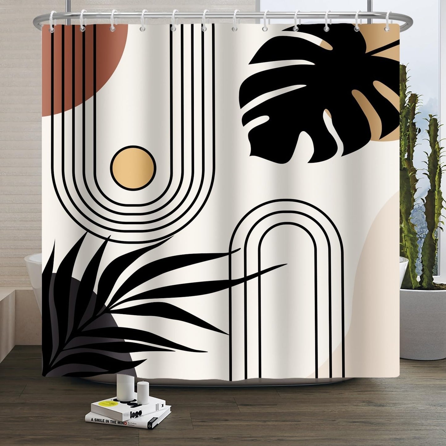 Xiaoterna Boho Sun Line Shower Curtain Retro Abstract Bathroom Curtain Black Leaves Sun Shower Curtain Rustic Countryside Shower Curtain Machine