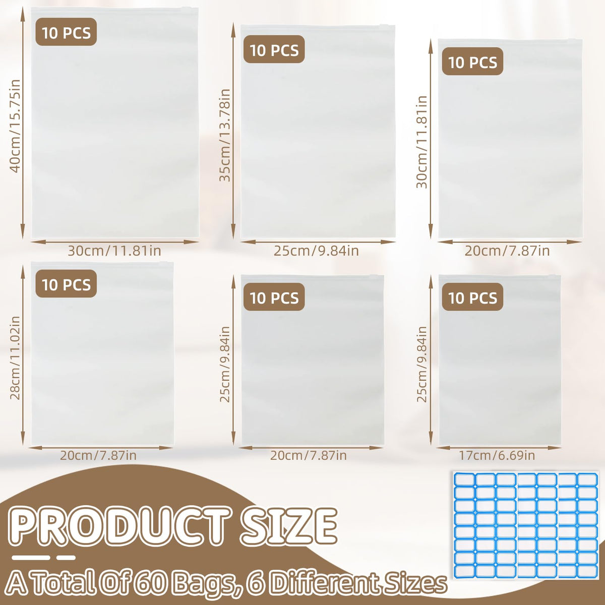 Ziplock Bags for Clothes, 60 Pcs, Multiple Sizes, with Lable Stickers