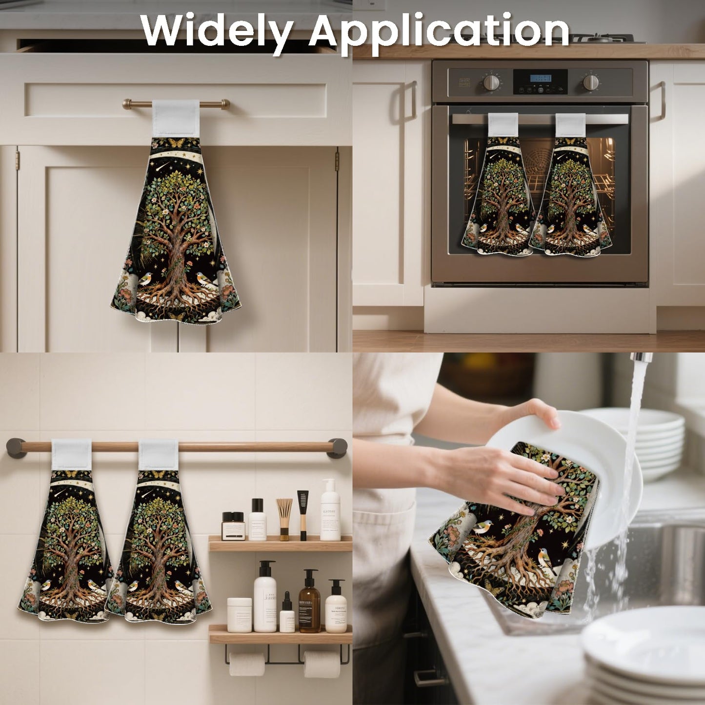 CUTHOLLOW 2 Pcs Moon and Tree of Life Hanging Kitchen Towels with Loop