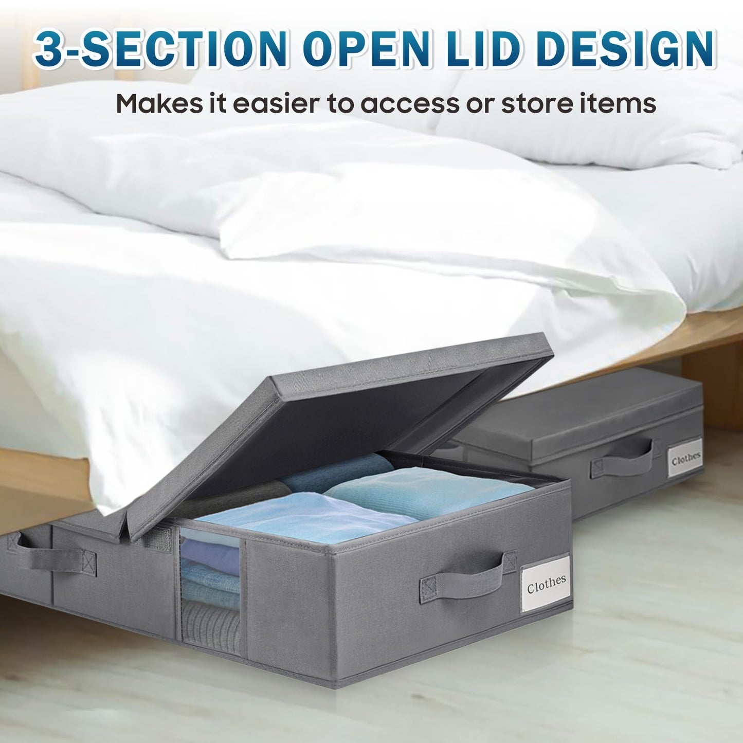 BOSNONA Under Bed Storage Box with Lid Foldable Underbed Storage Boxes with Visual Window Reinforced Handles Under Bed Clothes Storage for Blankets