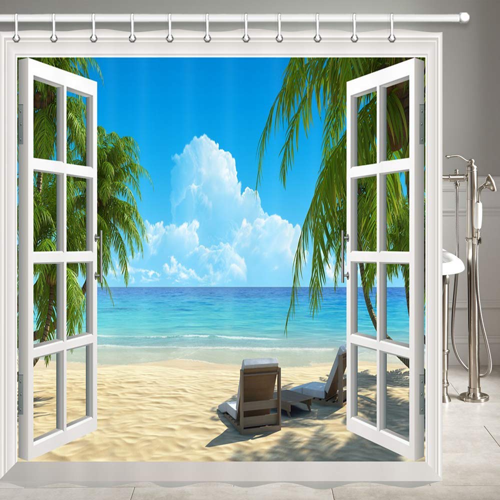 JOOCAR Garden Shower Curtain, Palm Tree Decor Ocean Beach Seascape Through White Wooden Windows Summer Scene Tropical Island Blue Green