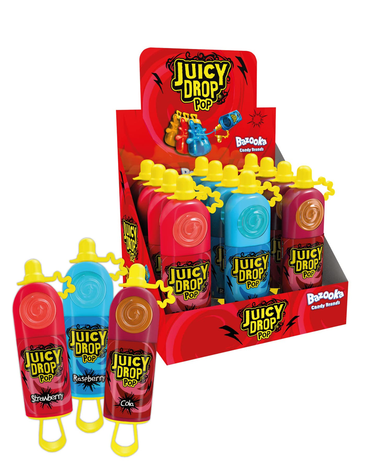 Juicy Drop Pop Lollipops - 12 Pack of 3 Flavours - 6 Blue Raspberry - 4 Strawberry - 2 Cola | Individually Wrapped Lollipops | American Sweets