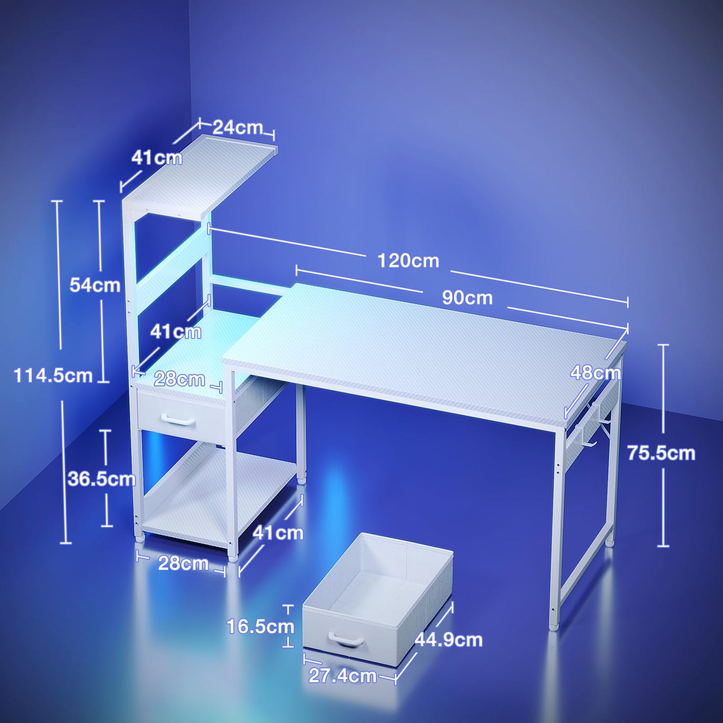 Coleshome 120×48 cm Gaming Desk with LED Lights, Carbon Fiber White