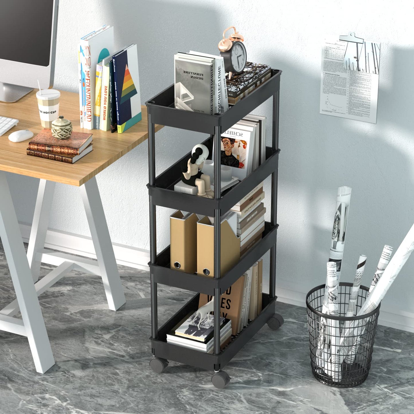 Sooyee 4 Tier Wide Storage Cart Mobile Shelving Unit Organizer Slide Out Storage Rolling Utility Cart Tower Rack for Kitchen Bathroom Laundry