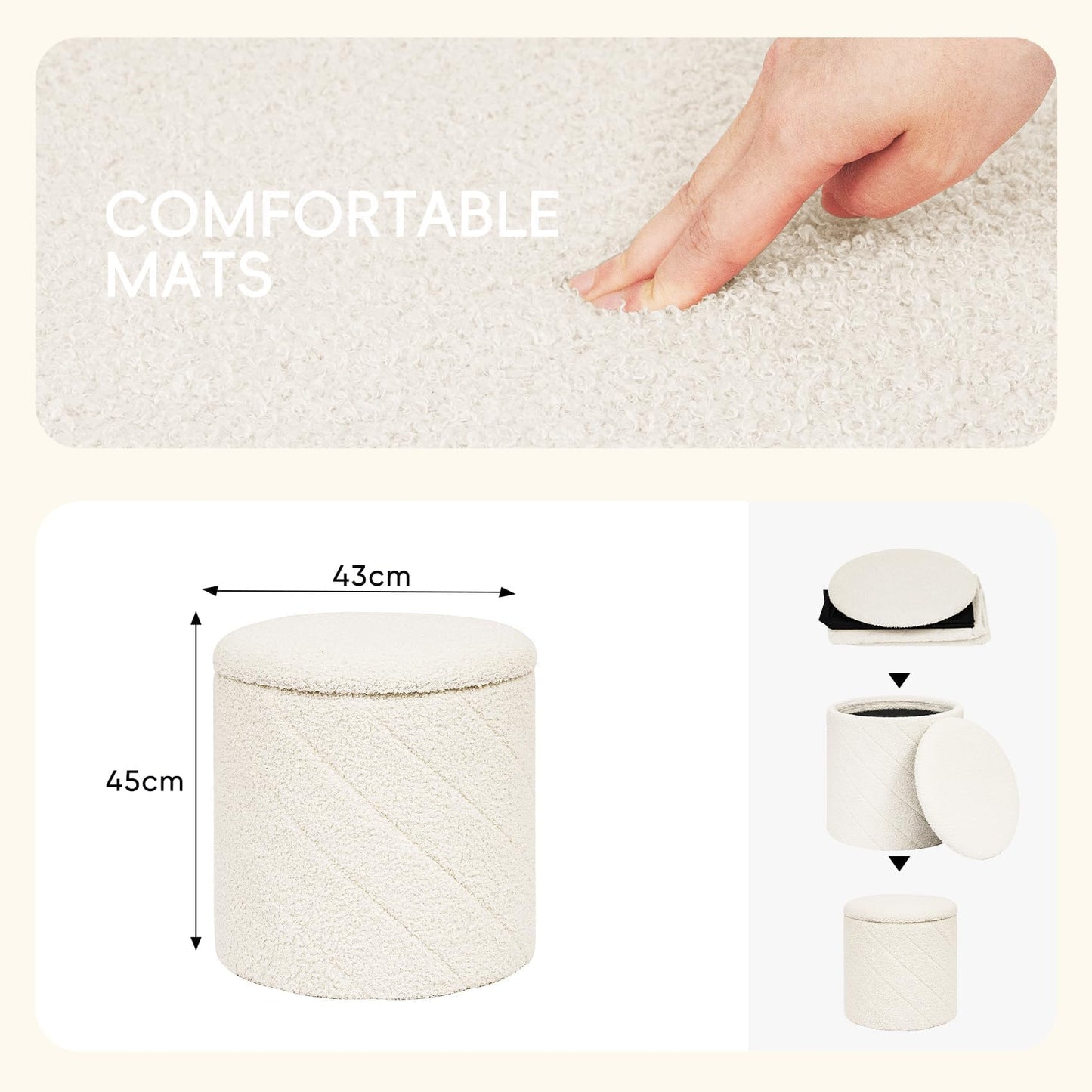 PINPLUS Round Ottoman Storage Box, Folding Stool, White, 43x43x45 cm