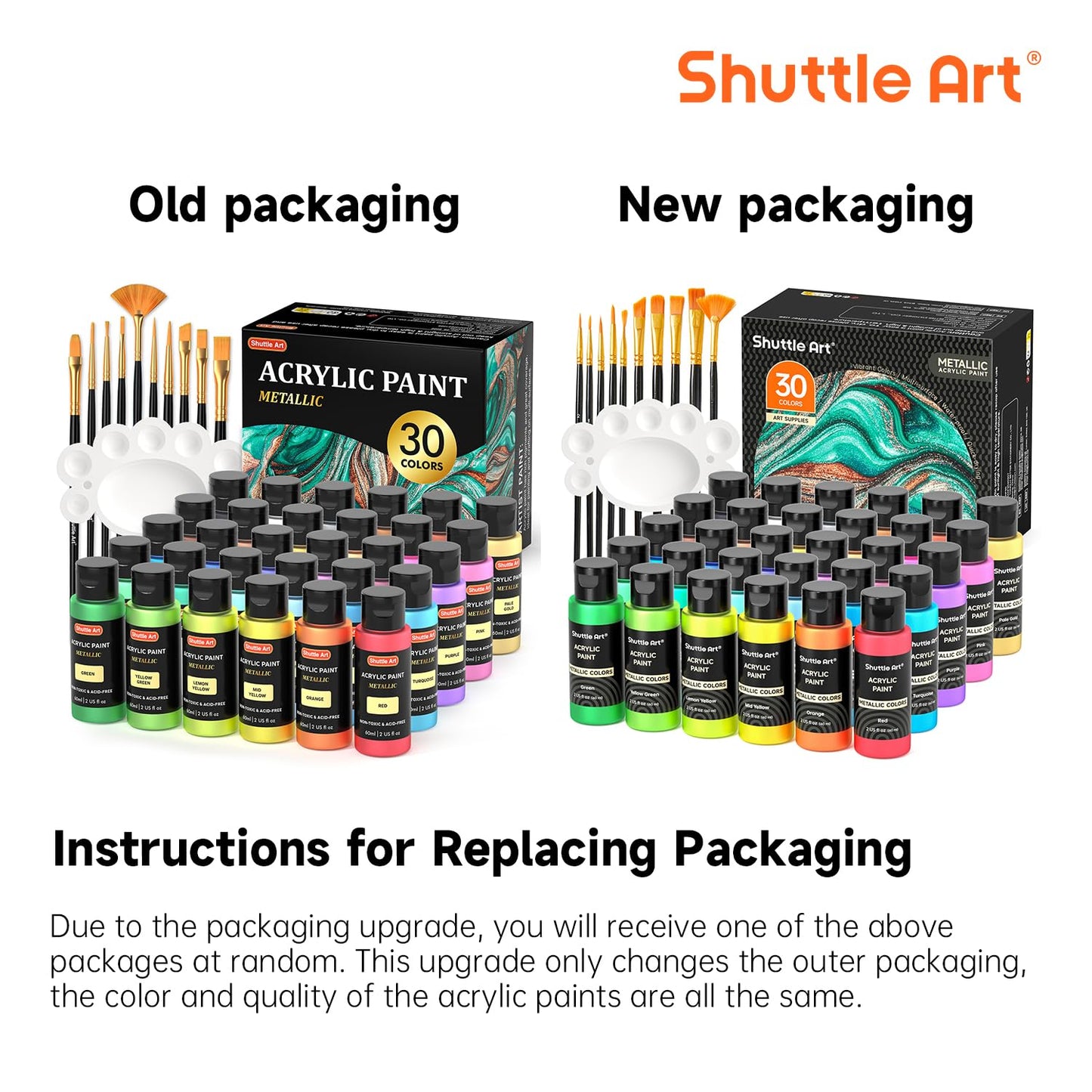 Shuttle Art Metallic Acrylic Paints Set, 30 Colours Metallic Paint in Bottles (60ml, 2oz) with 10 Brushes and Palette, Rich Pigments, Non-Toxic for