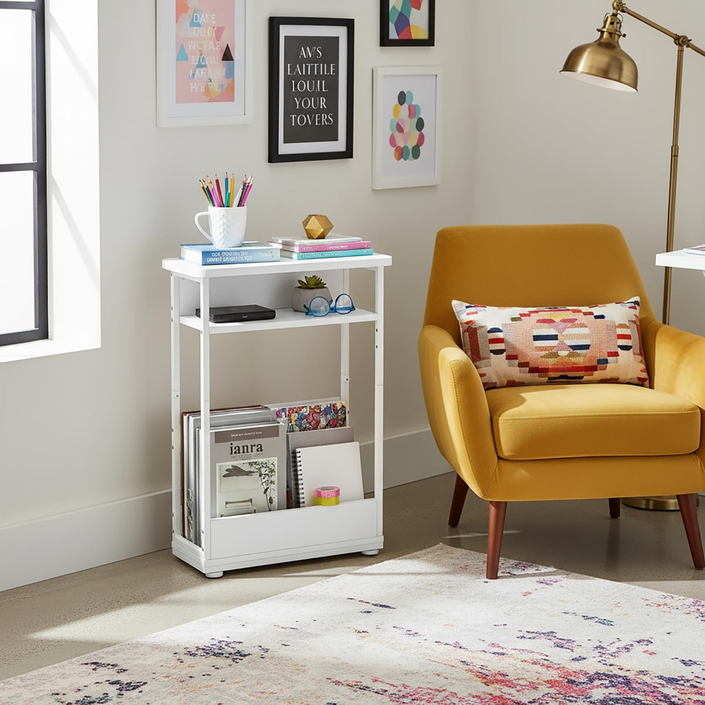 YEAKOO Narrow Side Table for Narrow and Small Spaces, Skinny Bedside Table Small Nightstand with Magazine Rack Space Saving (White, M)