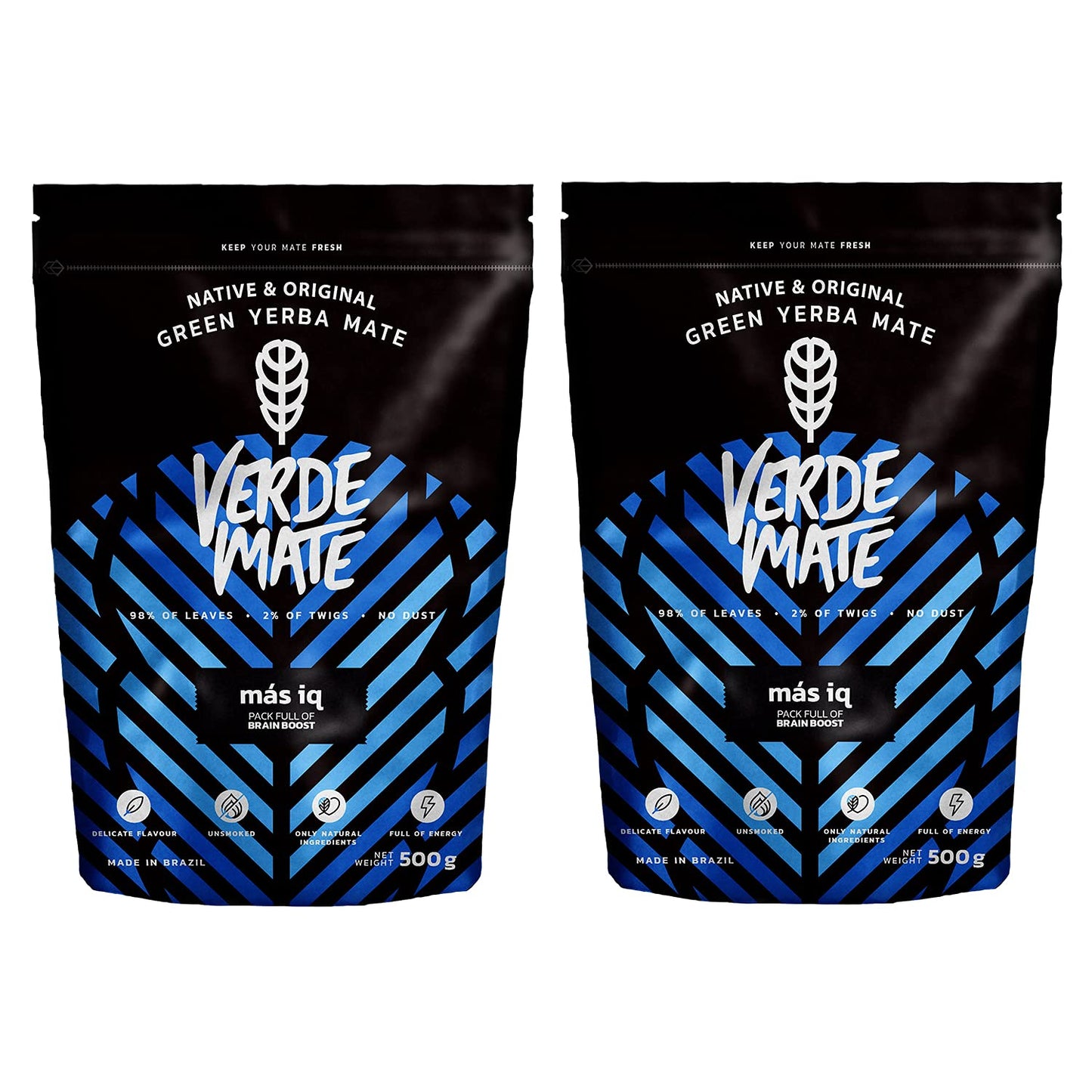 Verde Mate Yerba Mate Tea Mas IQ 2x500g ? Air?dried, Unsmoked, Without Stems or Powder, with Guarana and Ginseng, Natural Blend from Brazil