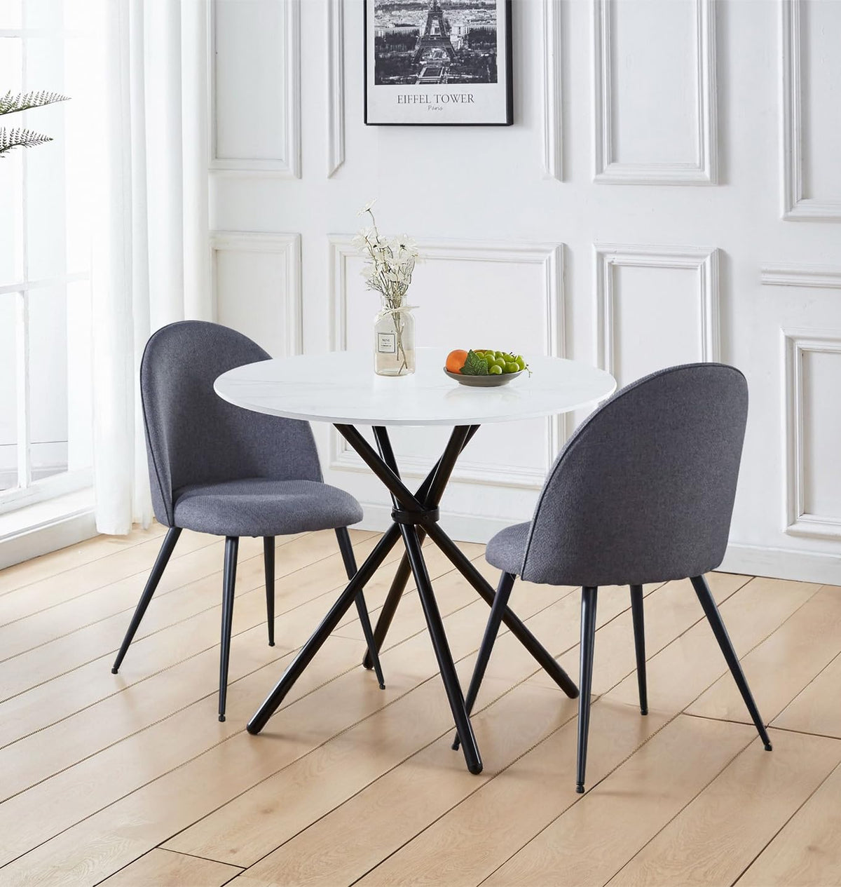 Hallowood Furniture Cullompton White Marble Effect Small Round Dining Table and Chairs Set 2, Space Saving Table and Chairs in Curved-back Grey