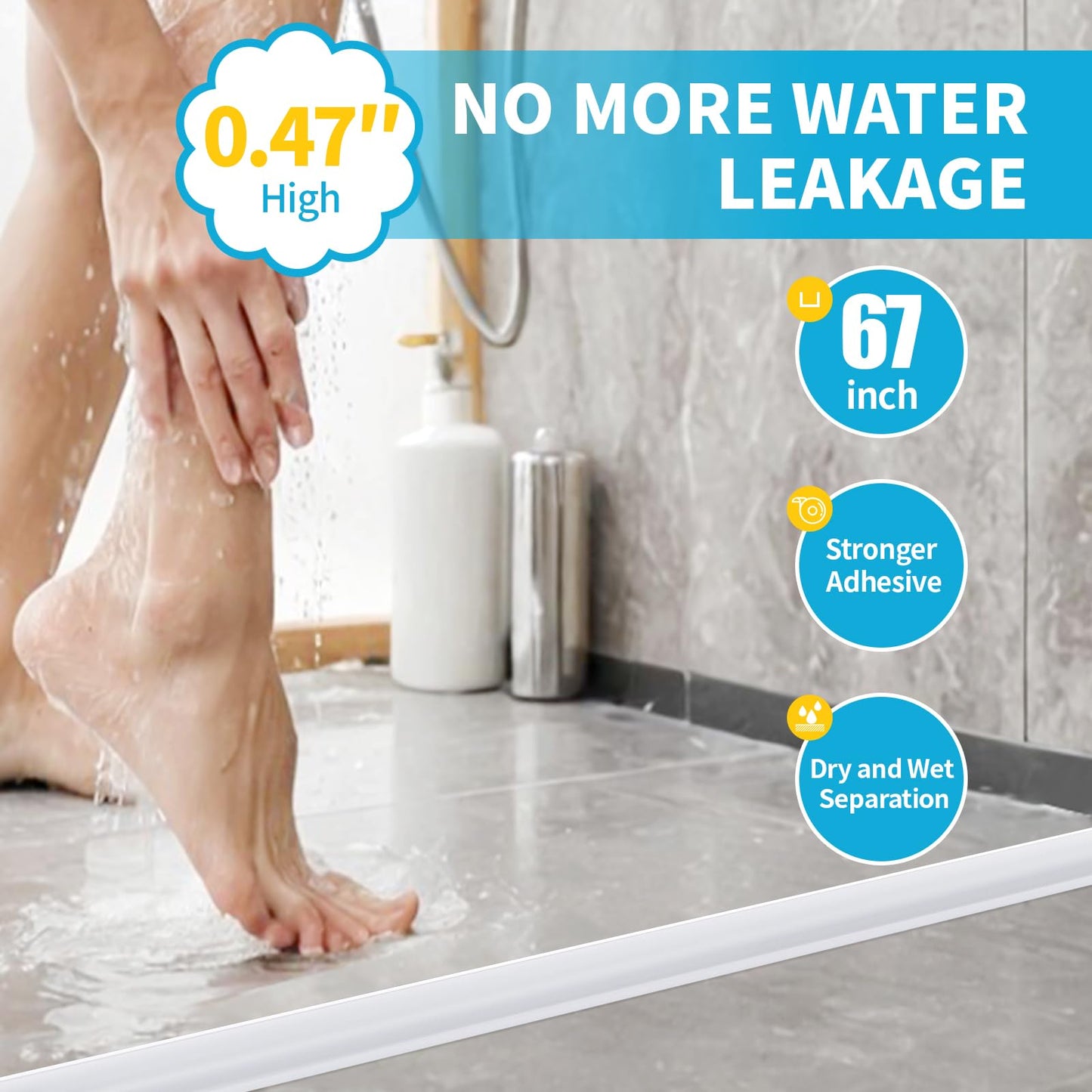 DLYYPLUS 67"/1.7M Wet Room Floor Barrier Self-Adhesive Silicone Shower Threshold Water Dam Keeps Water Inside Threshold Dry and Wet Separation