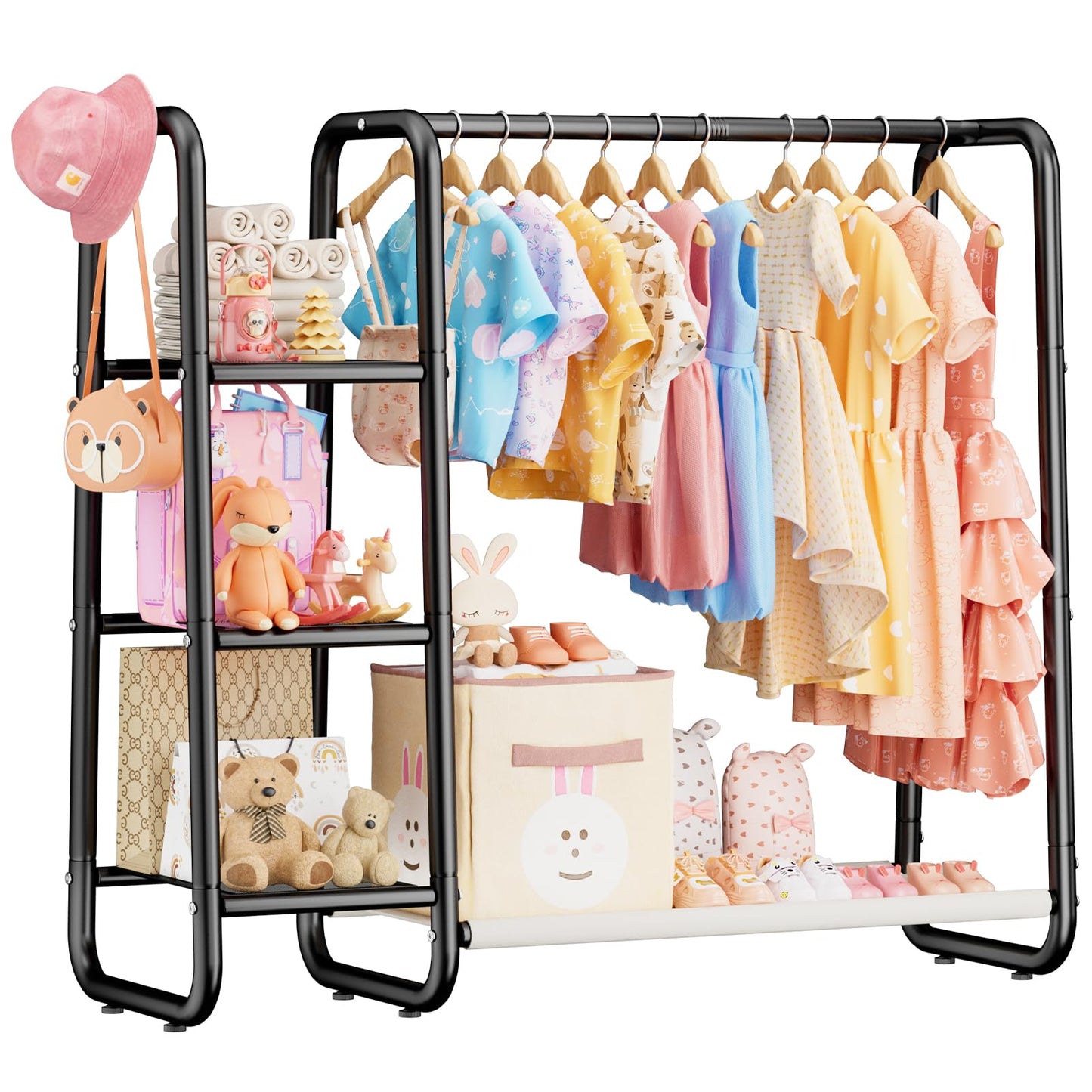 Kids Clothes Rail with 3-Tier Storage Shelves Strong Storage Dress Up Rail