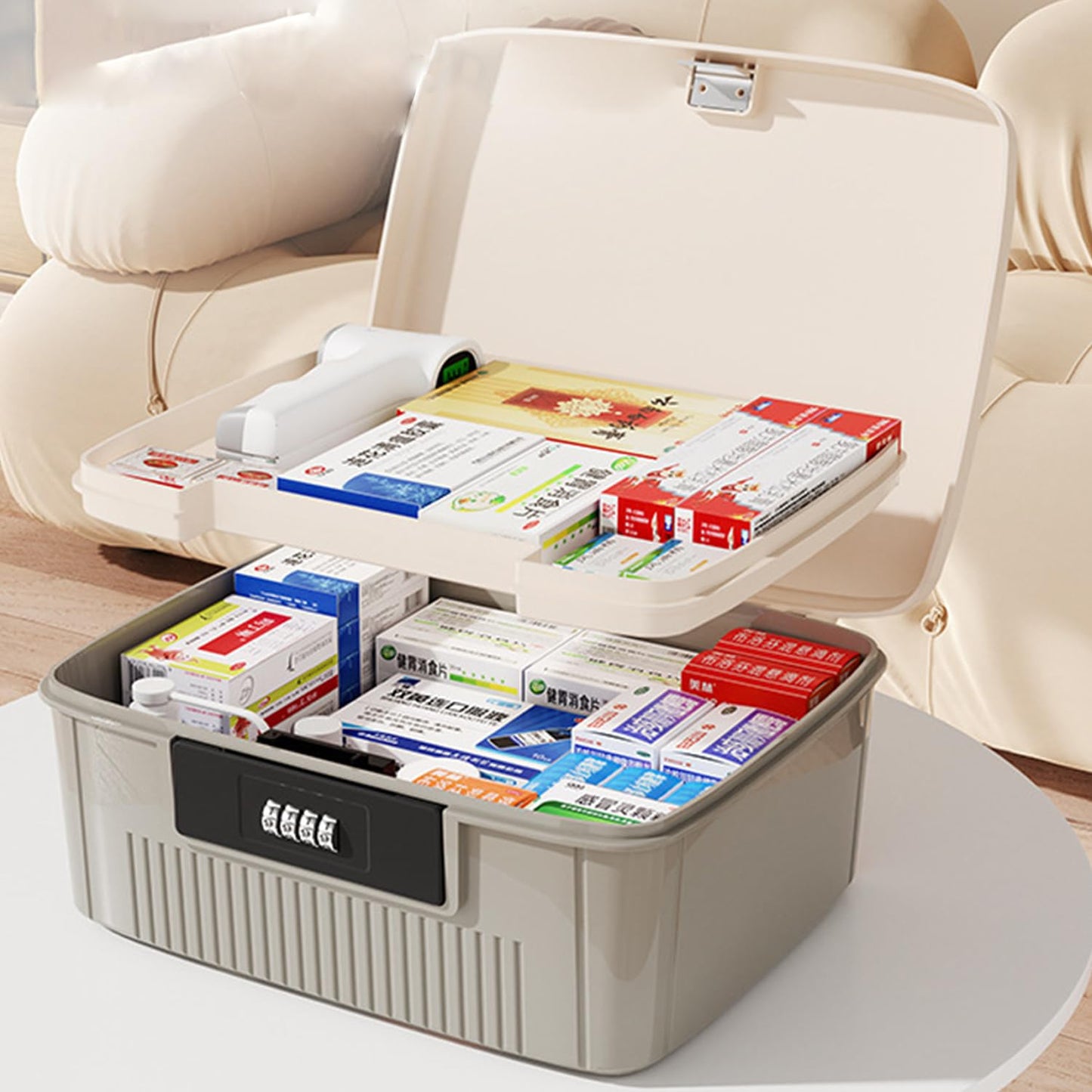 Grey/9L Double Layers Multi Grid Medicine Organiser - First Aid Box with Lid - Code Box Medicine Cabinet for Home & School