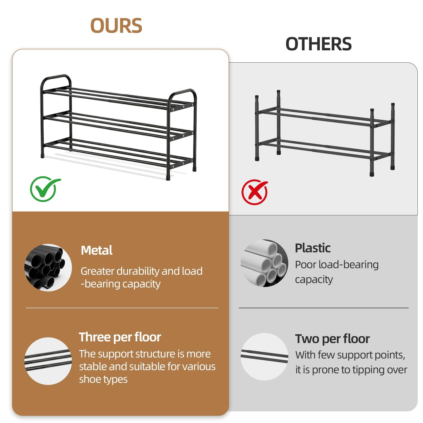 JANORS Expandable Shoe Rack,3 Tier Sturdy Metal Adjustable Shoe Storage