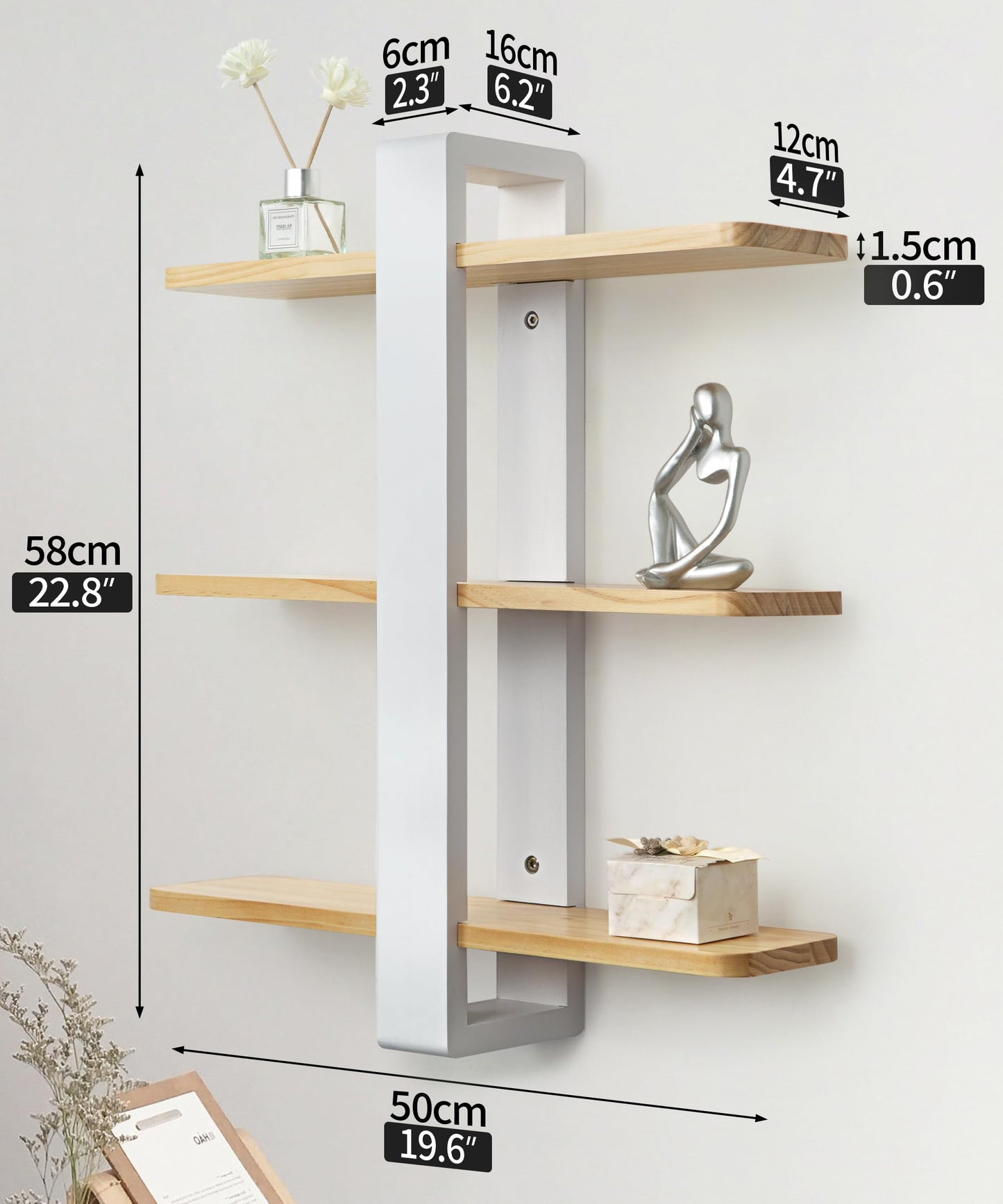 SUMGAR Floating Shelves White for Wall Mounted Shelving Unit All Pine Wood 50CM 3 Tier Large Shelf for Bedroom Living Room Office Bathroom Home