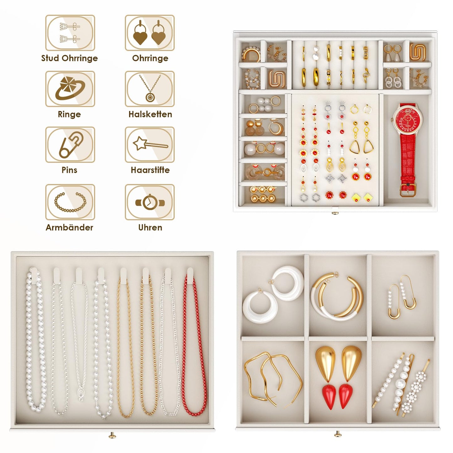 Large Jewellery Box, 4-layer 3 Drawer Jewelry organiser, Cloud White