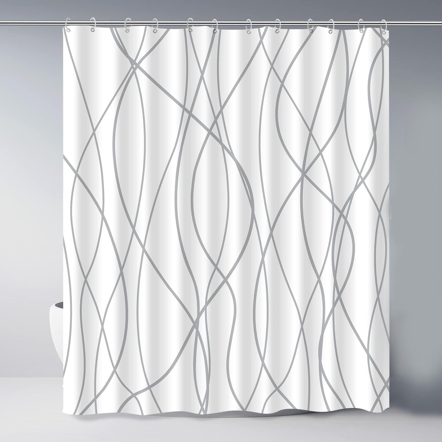 xinbai Grey and White Striped Fabric Shower Curtain for Bathroom with 12 Hooks, Curtains 72 Inches Long, Weighted Hem,Waterproof Bath Accessories