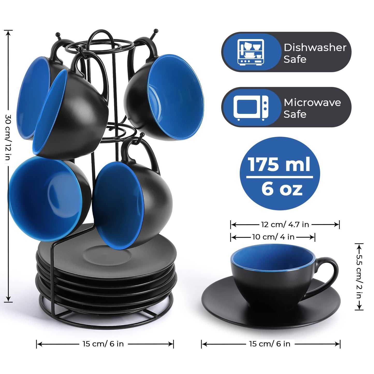 MIAMIO - Set of 6, Ceramic Stackable Cappuccino Cups Set / 175 ml Cappuccino Mugs and Saucer with Metal Stand for Coffee Drinks, Cappuccino, Latte,