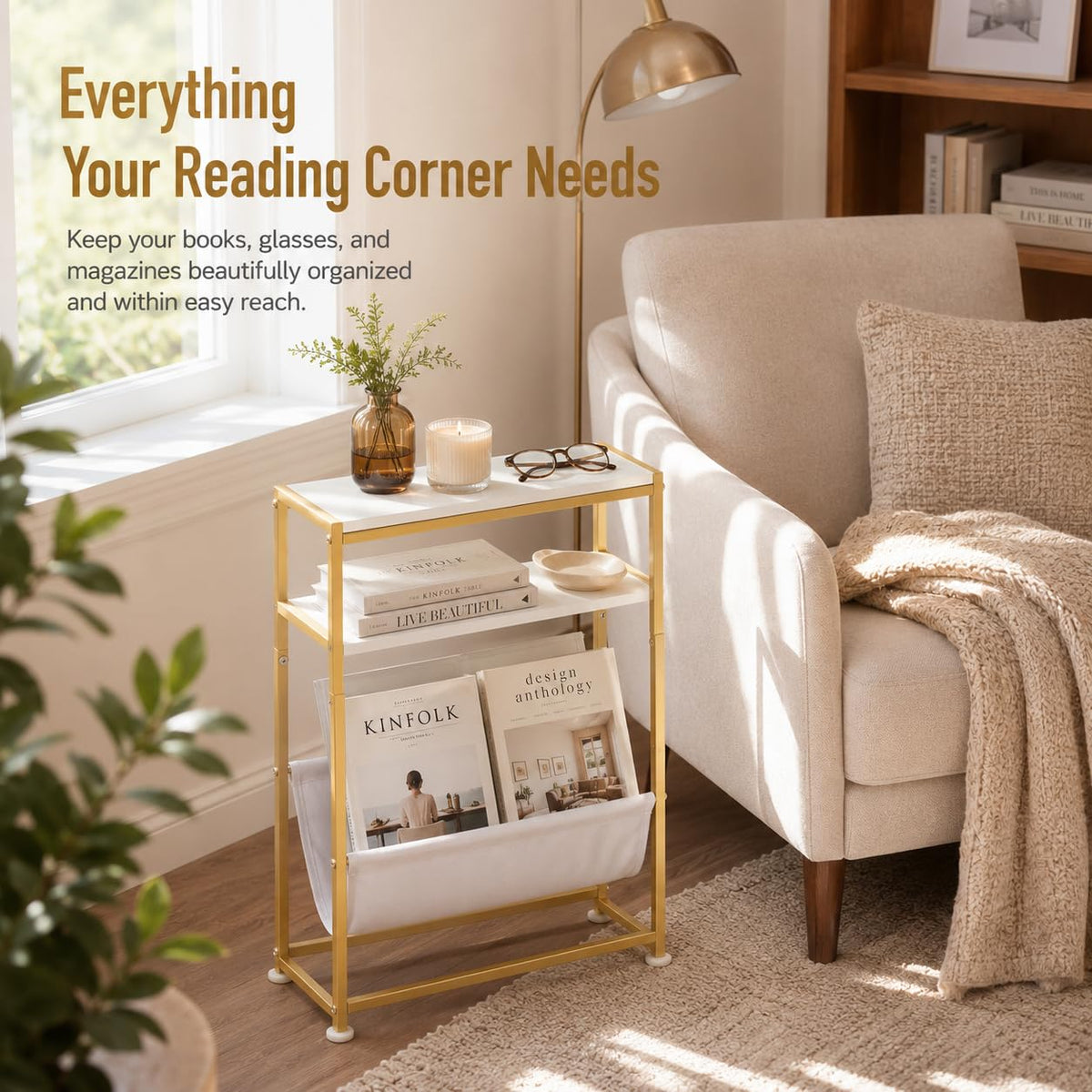 ZEXVIDA Small End Table for Small Spaces - Slim Side Table with Magazine Holder,2 in 1 Design Narrow End Table Living Room,Skinny Bedroom Nightstand