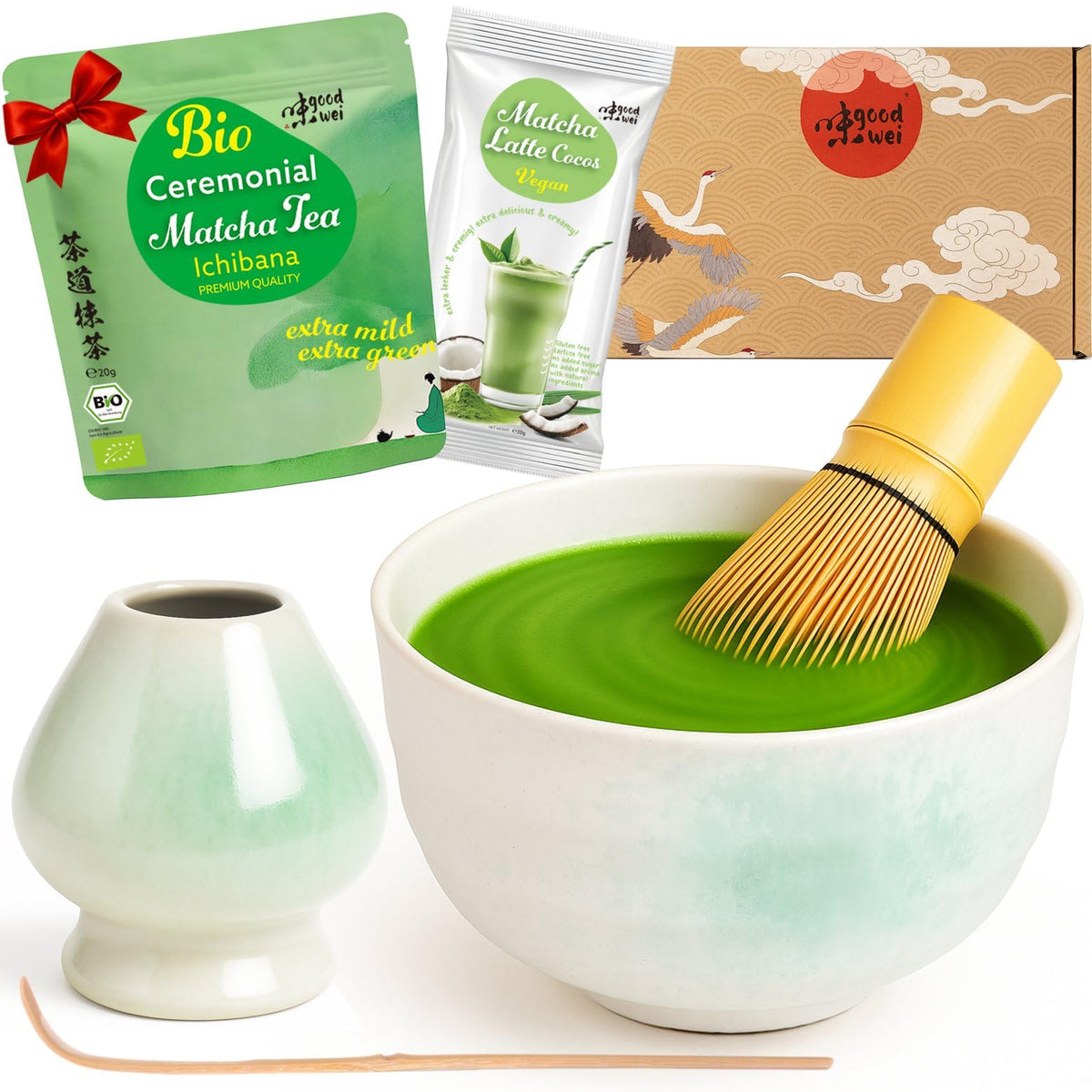 Goodwei Organic Matcha Tea Ceremony Set with Japanese Premium Matcha, Ceramic Matcha Bowl and Whisk Holder | Bamboo Whisk and Spoon | Gift Set Box