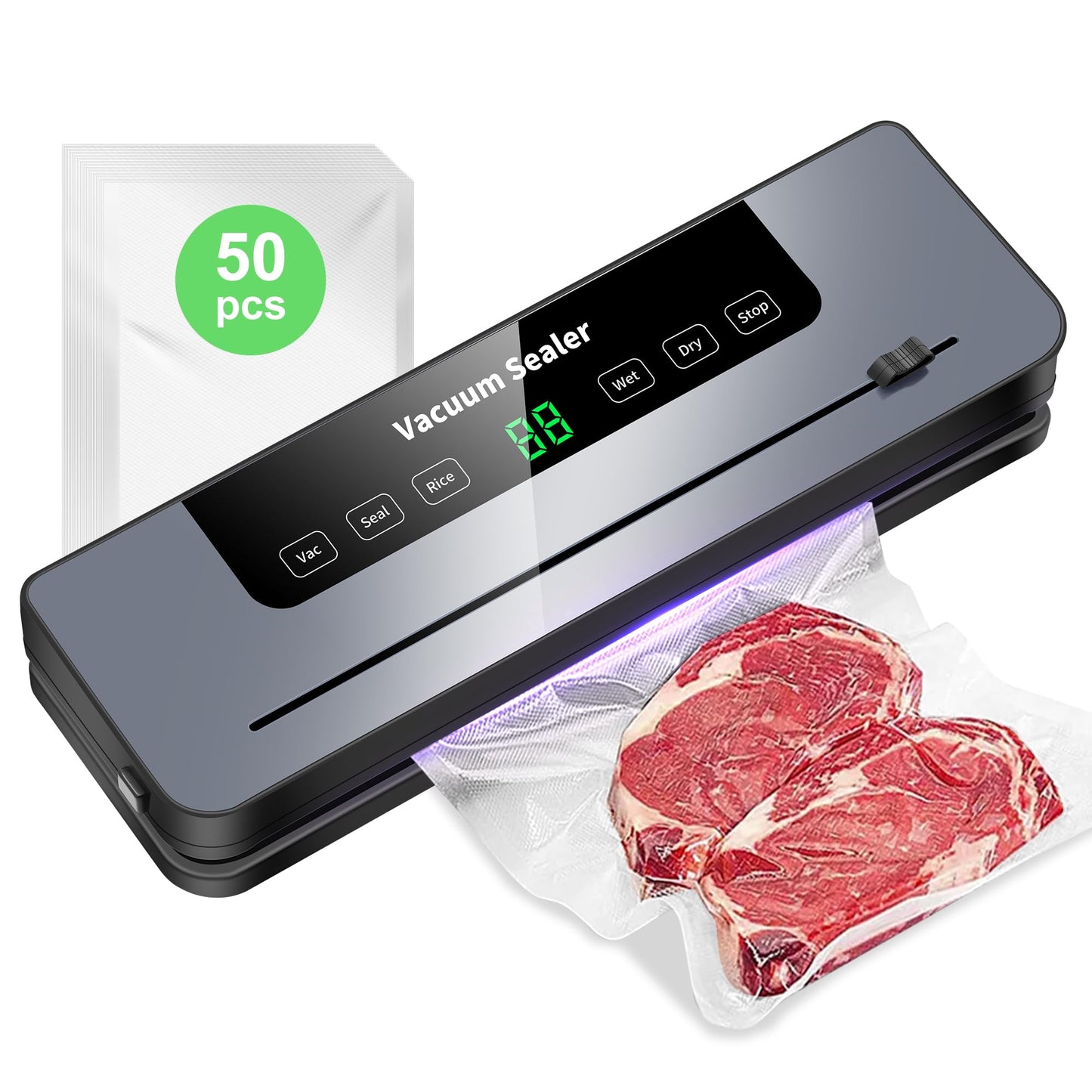 Vacuum Sealer Machine with 50pcs Vacuum Bags, 7 Modes Multi-Functional Vac Pack Machine, Strong Suction Built-In Cutter Food Vacuum Sealer, Keep Meat