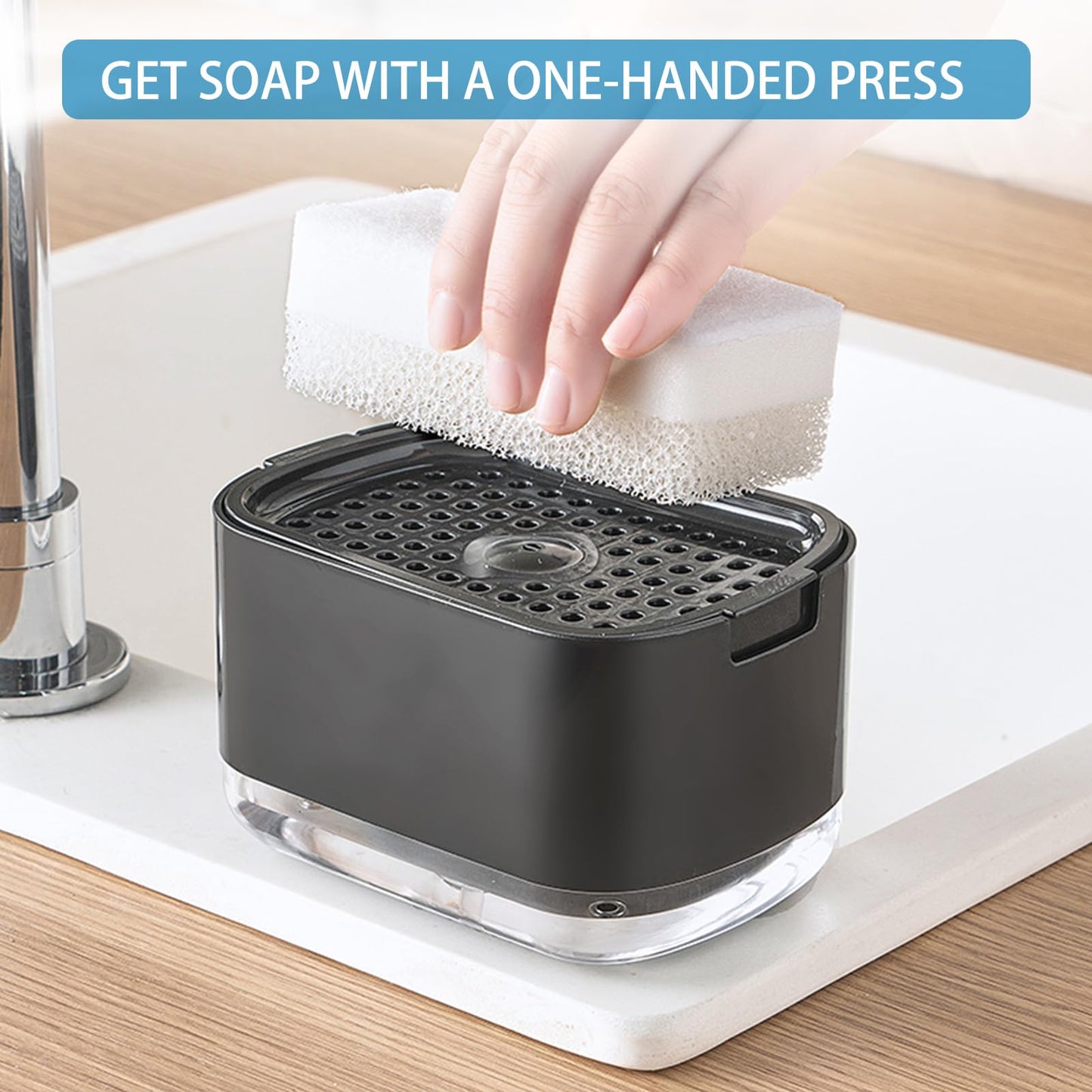 Dish Soap Dispenser, RUFCRIL 300ml Kitchen Soap Pump Dispenser with Sponge Included, Black