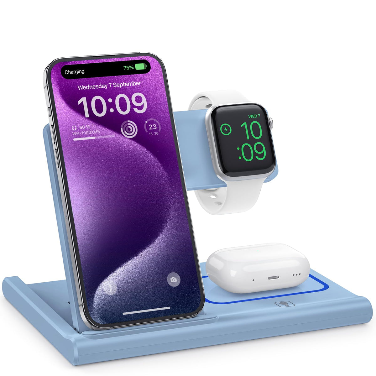 EXW Charging Station,3 in 1 Wireless Charger for iPhone 17/16/15/14/13Pro/12/11/XR/8, Fast Charger for Airpods Pro/4/3/2 and iWatch (Not Adapter,Blue)