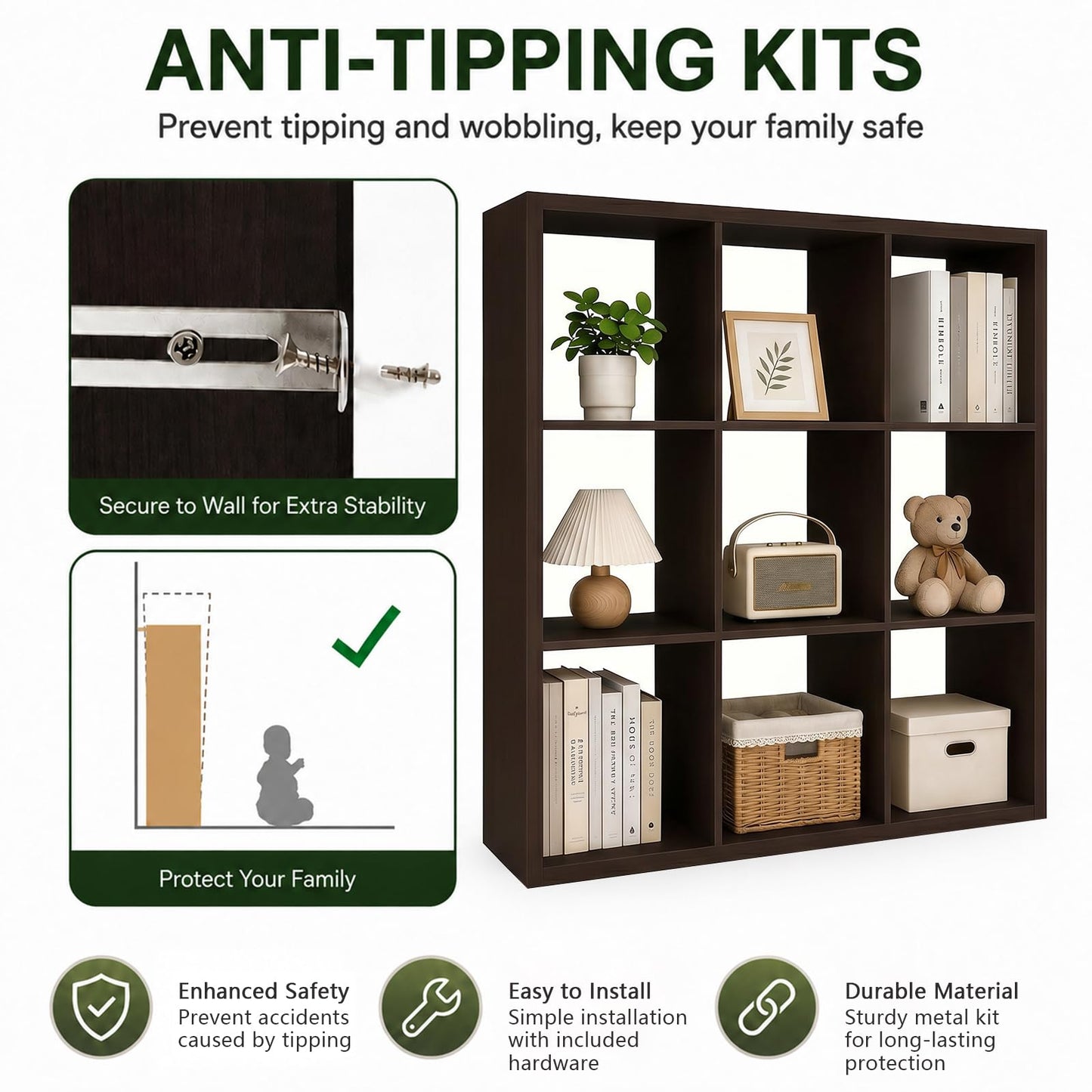 CTESNE【Wooden Thick Frame 9 Cube Storage Organizer Shelf with Anti-Tipping Kits + Reversible Open Back Bookcase