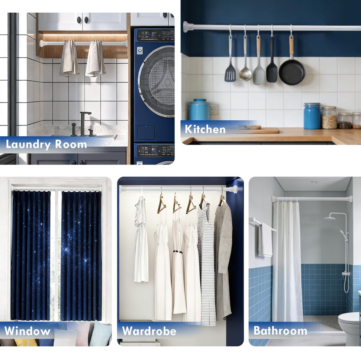 Extendable Shower Curtain Pole 130-201cm Stainless Steel Shower Curtain Rod Tension Rod Adjustable Telescopic Curtain Poles No Drilling Shower