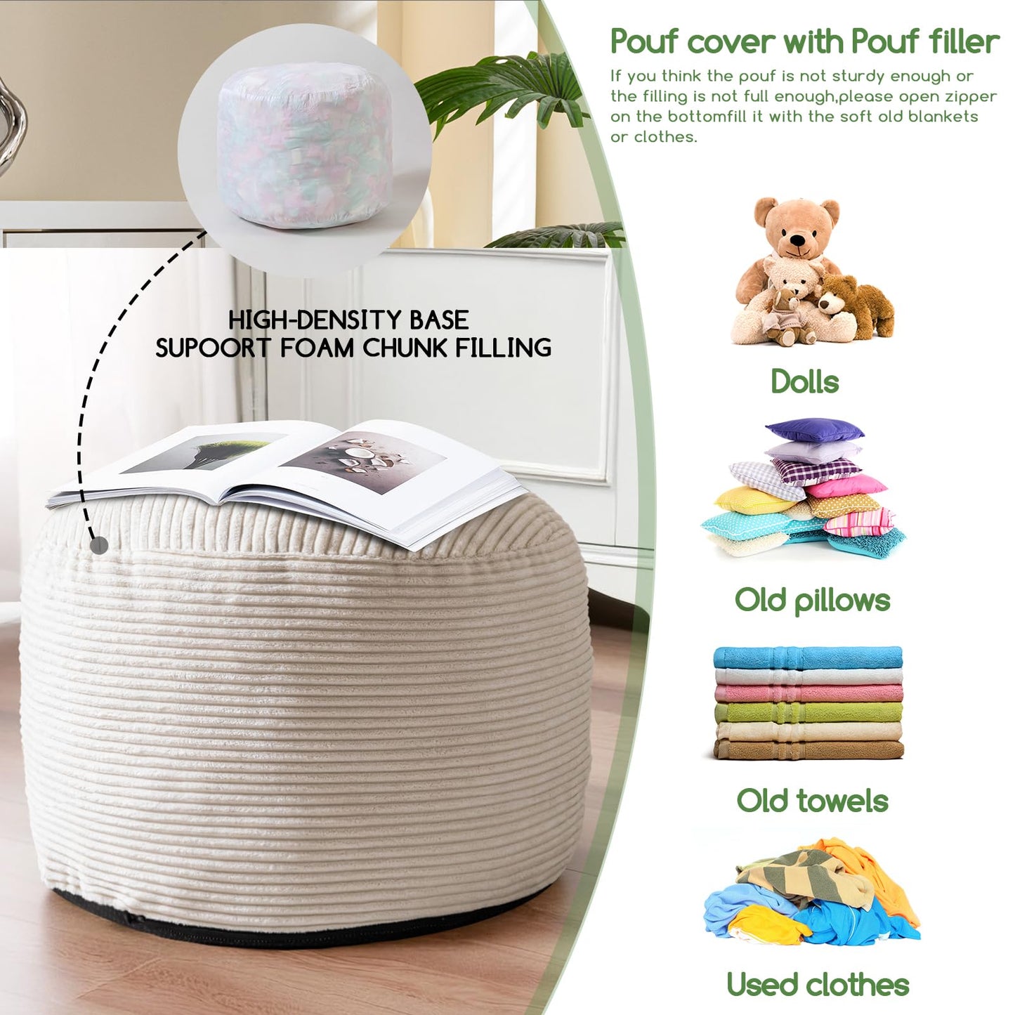HIGOGOGO Corduroy Beanbags Round Footstool Bean Bag Pouf with Foam Chunk Filling, 50 x 35 cm Floor Poufs Foot Rest for Living Room, Navy