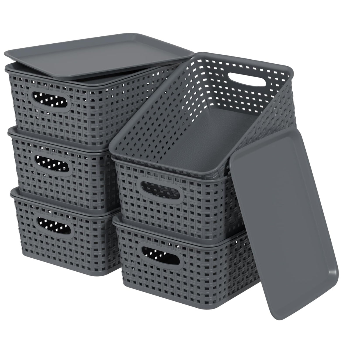 Lesbin 6-Pack Lidded Storage Baskets, ‌Weave Baskets with Lids, Gray