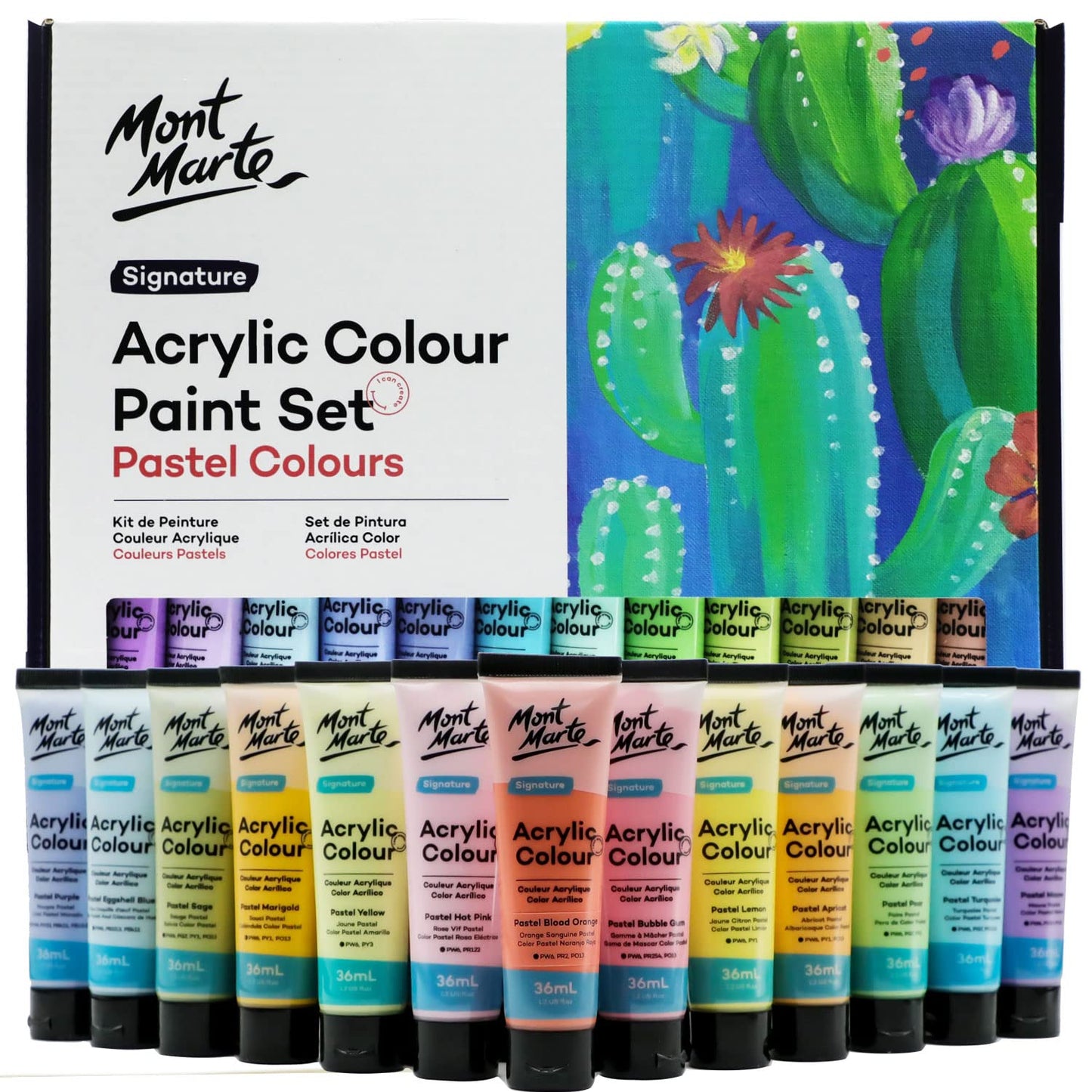 MONT MARTE Acrylic Colour Pastel Paint Set Signature 24pc x 36ml (1.2 US fl.oz), Creamy Pastel Acrylic Paint Set, Good Coverage, Semi-Matte Finish,