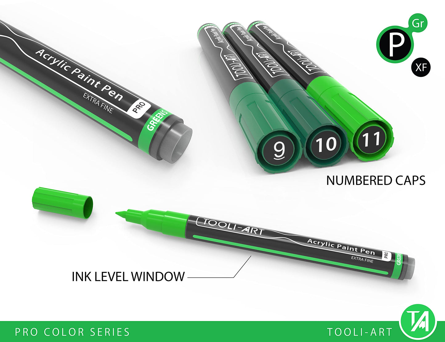 Acrylic Paint Pens 22 Green Tones Assorted Pro Colour Series Markers Set 0.7mm Extra Fine Tip for Rock Painting, Glass, Mugs, Wood, Metal, Canvas,