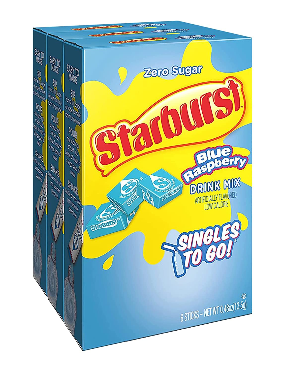 Singles To Go Starburst Powdered Drink Mix, Blue Raspberry, 3 Boxes with 6 Packets Each - 18 Total Servings, Sugar-Free Drink Powder, Just Add Water,