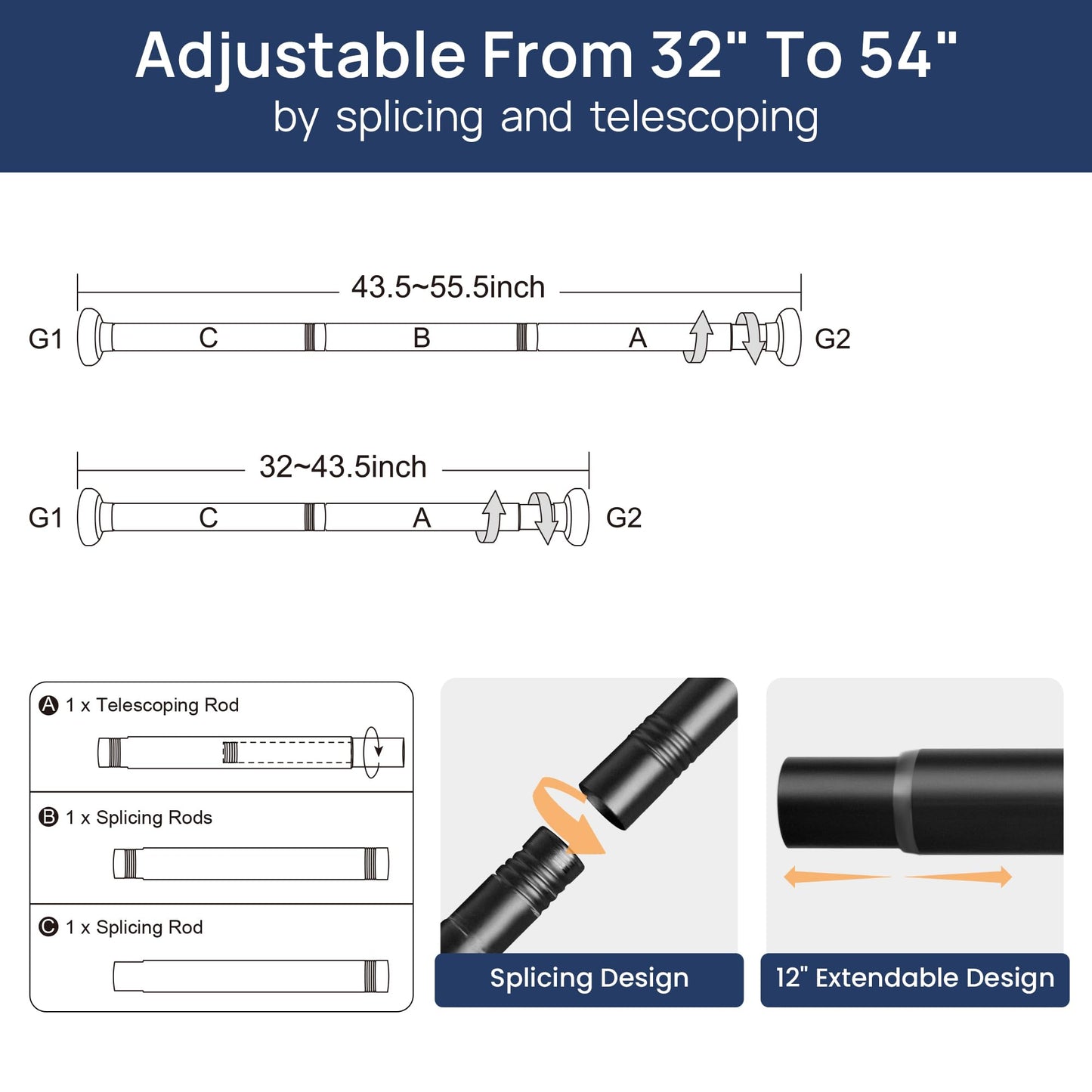 Matte Black Extendable Curtain Poles Shower Curtain Rod 81-137cm Tension Pole No Drilling, Never Rust Non-Slip Telescopic Pole for Clothes