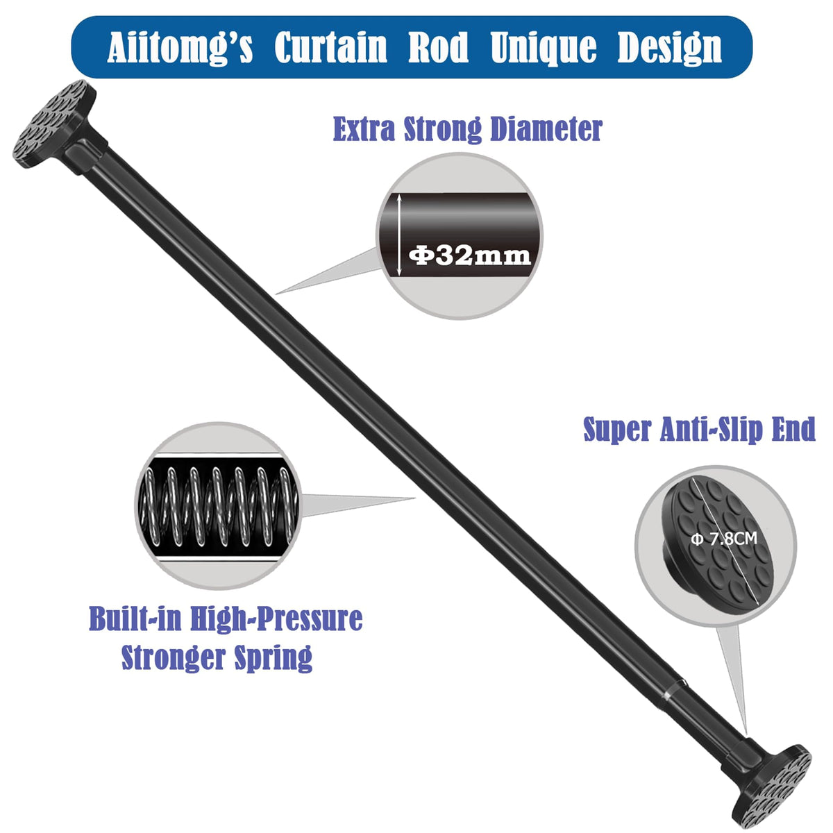 Curtain Pole No Drilling Extendable Telescopic Rod Extra Thick Shower Curtain Rail Tension Rod for Bathroom, Bedroom Black (85-155CM Φ32 mm)