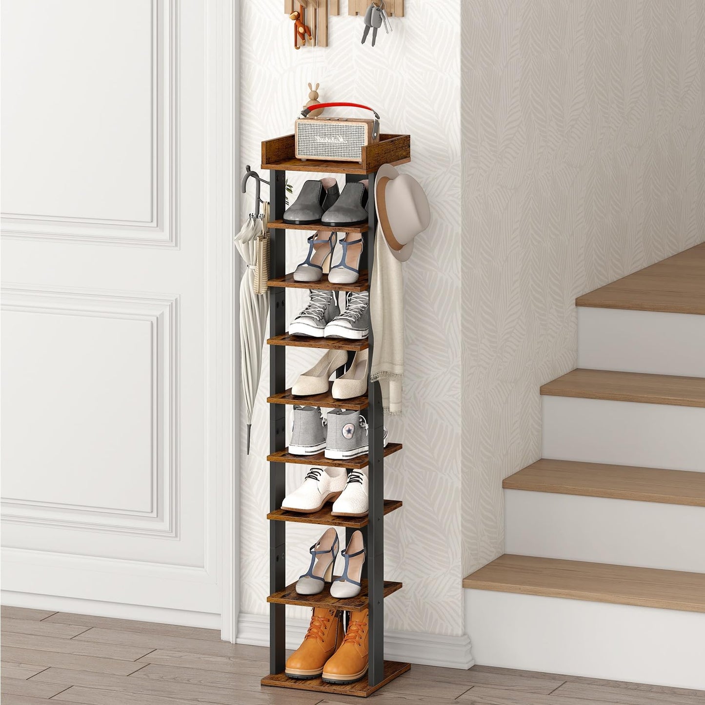 HOOBRO Narrow Shoe Rack, 9-Tier Tall Shoe Rack, Wooden Shoe Storage Organizer with 2 Hooks, Slim Shelf, Vertical Shoe Tower for Entrance, Industrial