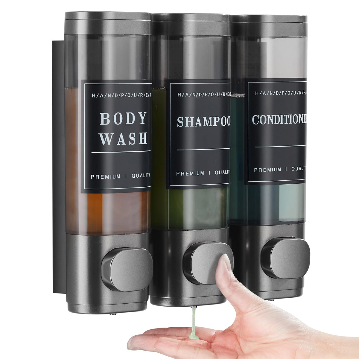 Unisence 3 Chamber Shampoo and Conditioner Dispenser - Wall-Mounted Shower Soap Dispenser, No Drill, Large Capacity for Bathroom Hotel - Dark Gray
