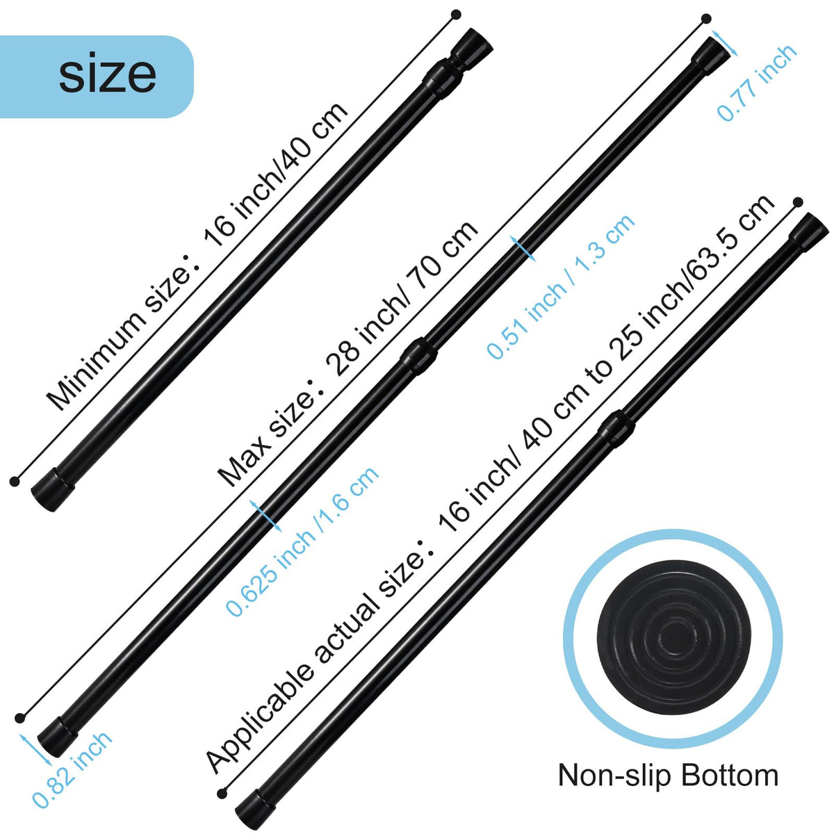 GOOWIN 40-70cm Tension Rod,3 Pcs Tension Rods for Curtains,No Drilling Spring Adjustable Small Tension Rod for Curtain,Bookshelf,Cupboard,Wardrobe