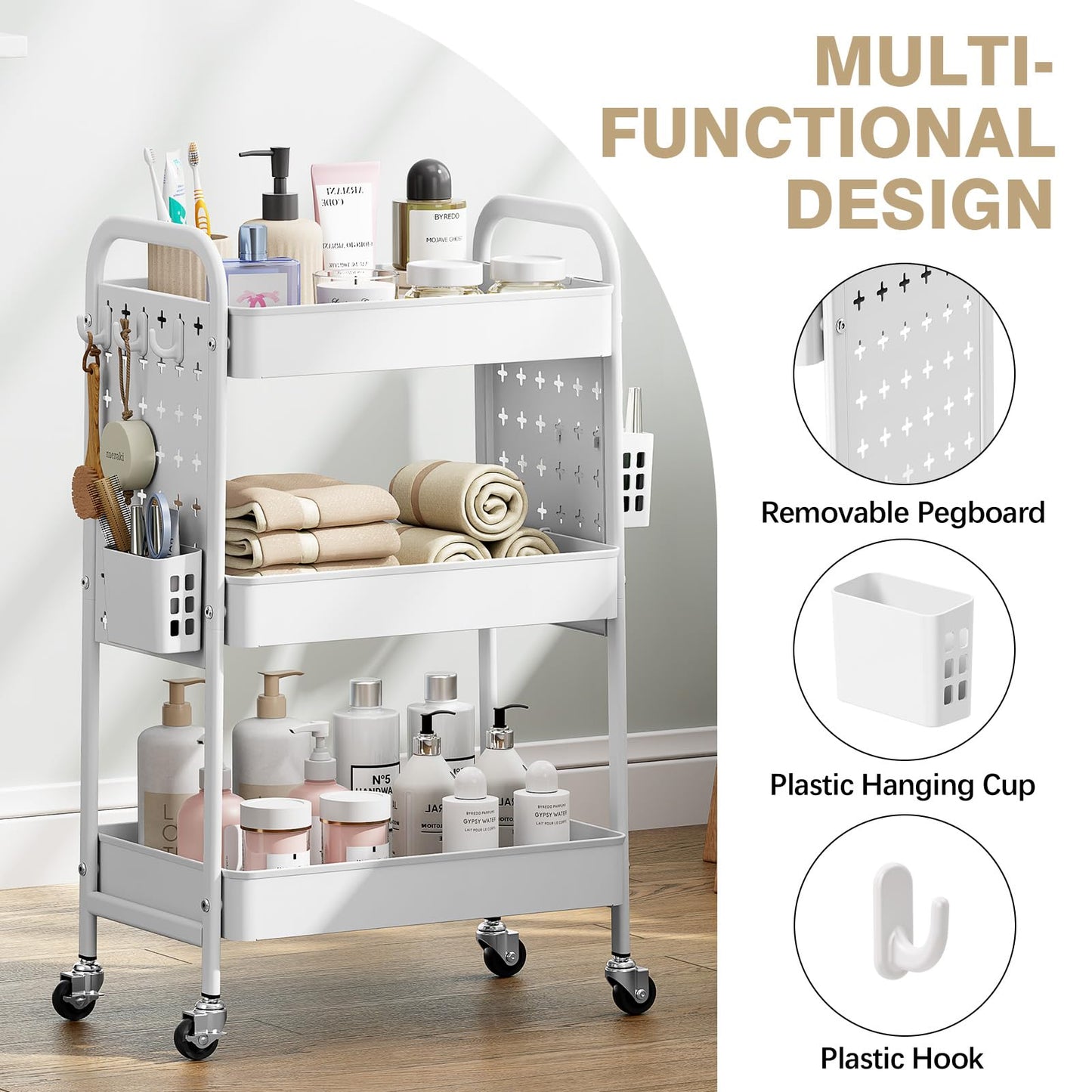 KINGRACK 3-Tier Rolling Cart with DIY Hanging Board, Metal Utility Cart with Wheels, Handles, Baskets & Hooks, Storage Organizer for Bathroom