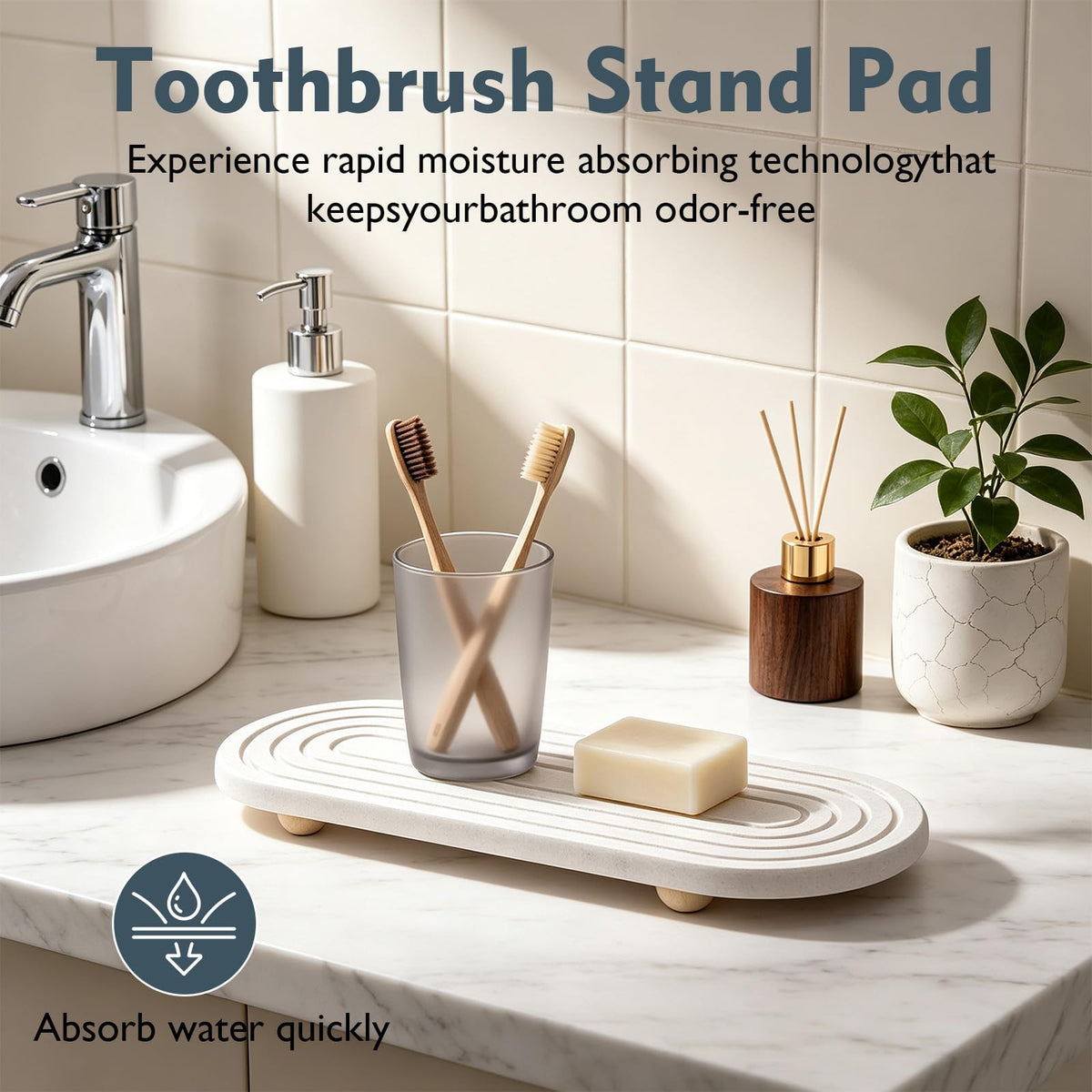 Quick Drying Stone Tray, Natural Diatomite Absorbent Mat with Wooden Feet, Fast Evaporation, Anti-Slip Grooves, Multifunctional for Bathroom Sink