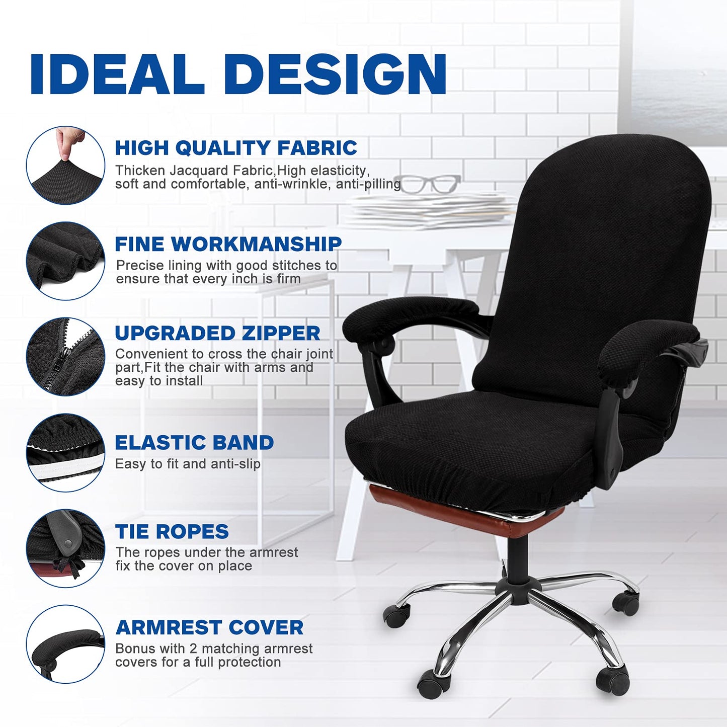 NeColorLife Office Chair Cover with Armrest Covers Stretchable Desk Chair Cover with Zipper Thick High Back Office Seat Cover for Extra Large
