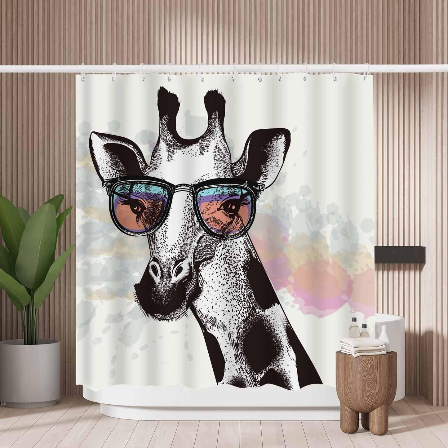 Woutay Shower Curtain Mould Proof Resistant Fashion Giraffe,Water Repellant Fabric,Polyester,with 12 Plastic Hooks